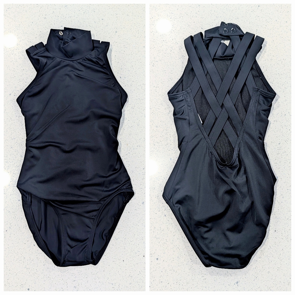 BEAUTIFUL Balera Gymnastics Dance Leotard IC Small Solid Black Strappy SWOOPBACK